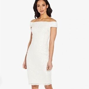 Adrianna Papell Ivory Off Shoulder Sequin Sheath Dress